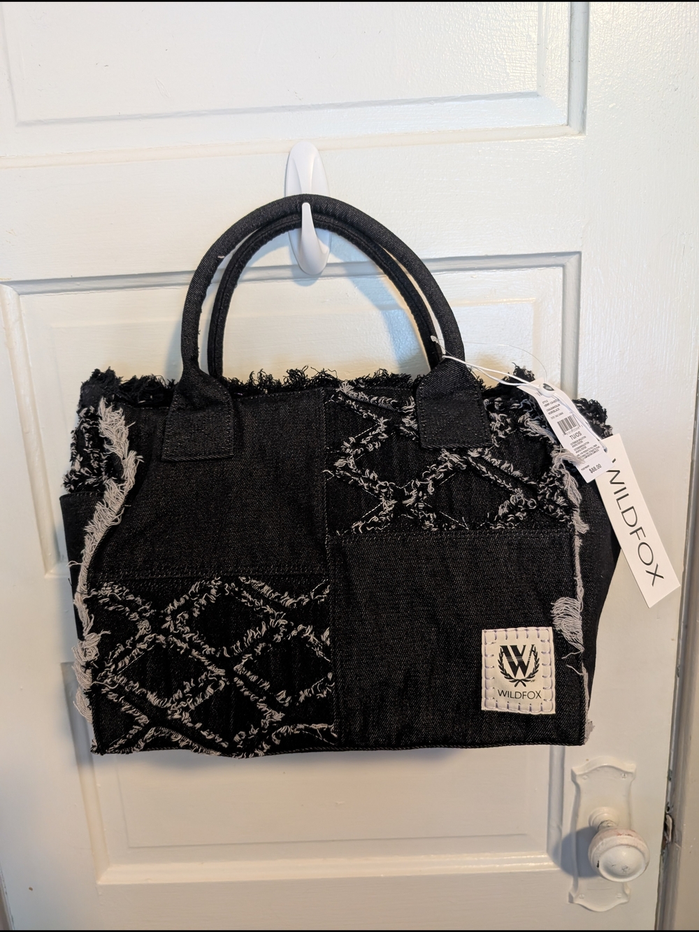 NWT Bohemian Chic Wildfox Black Quilted Denim Patchwork Everyday Tote Bag Purse